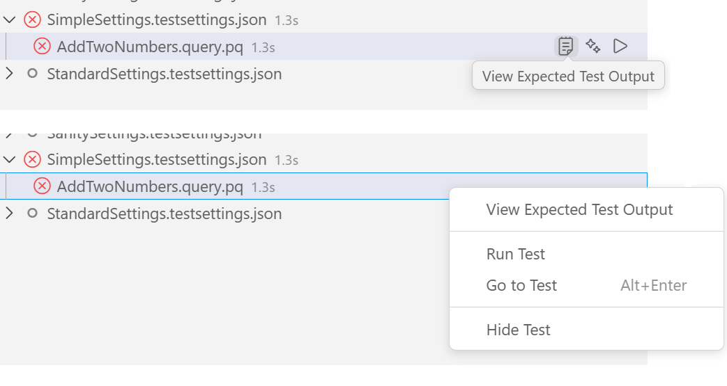 Skærmbillede af indstillingen Vis forventet testoutput i den indbyggede og kontekstafhængige menu Test Explorer.