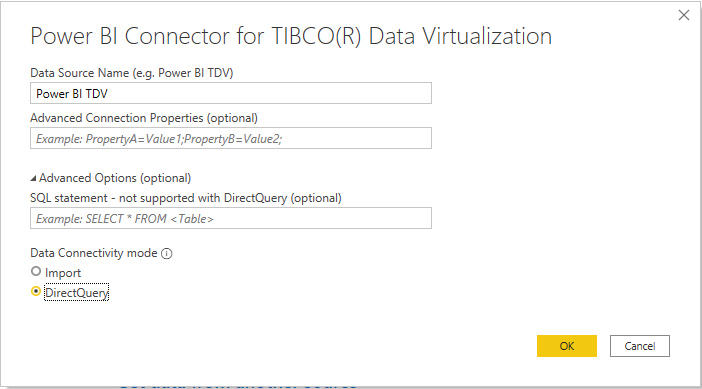 Skærmbillede af TDV-forbindelsesbyggeren i Power BI.