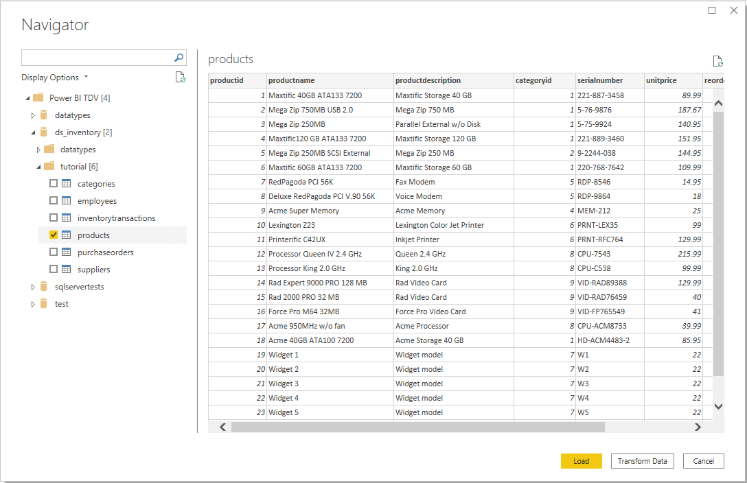 Skærmbillede af Power Query Desktop Navigator, der viser produktdataene i TDV.