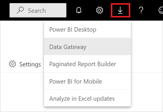 Billede, der viser valget af datagateway i Power BI-tjenesten.