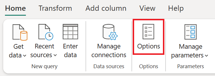 Skærmbillede af ikonet Indstillinger og valg under fanen Hjem i Power Query.