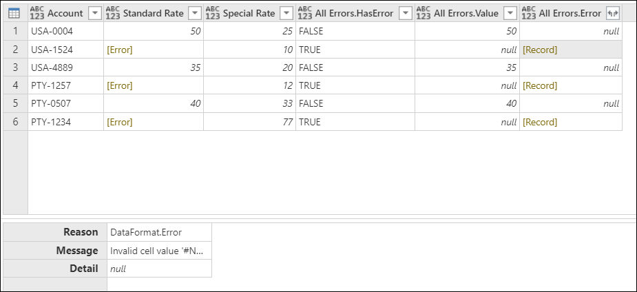 Skærmbillede af tabellen med de nye felter i kolonner, hvor der er valgt en All.Errors.Error-værdi, og fejlmeddelelserne vises nederst i tabellen.