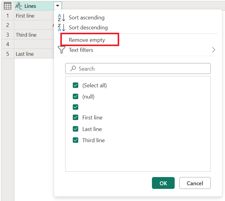 Skærmbillede af kolonnen Linjer med muligheden Fjern tom fremhævet.