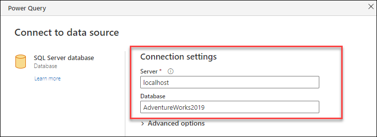 Connection settings of the SQL Server database connector where the server and database settings have been entered.