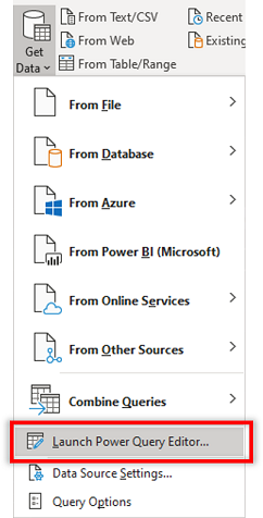 Start Power Query-editoren i Excel på rullelisten Hent data.