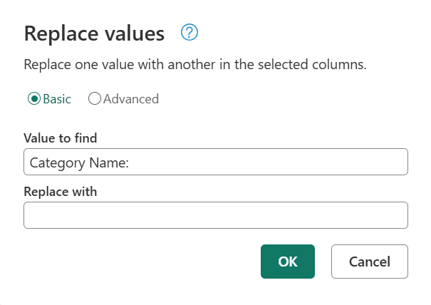 Skærmbillede af dialogen 'Erstat værdier' for en tekstkolonne.