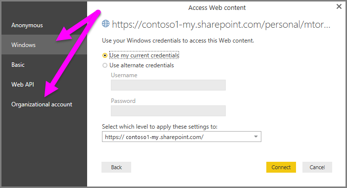 Skærmbillede af Power BI Desktop legitimationsprompten, der understreger valg af Windows- eller organisationskonto.