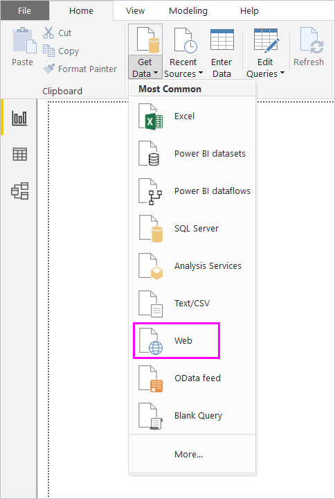 Skærmbillede af båndet Hent data i Power BI Desktop, der viser valget Web.