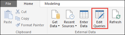 Edit queries Screenshot of the Home ribbon with the Edit Queries option called out.