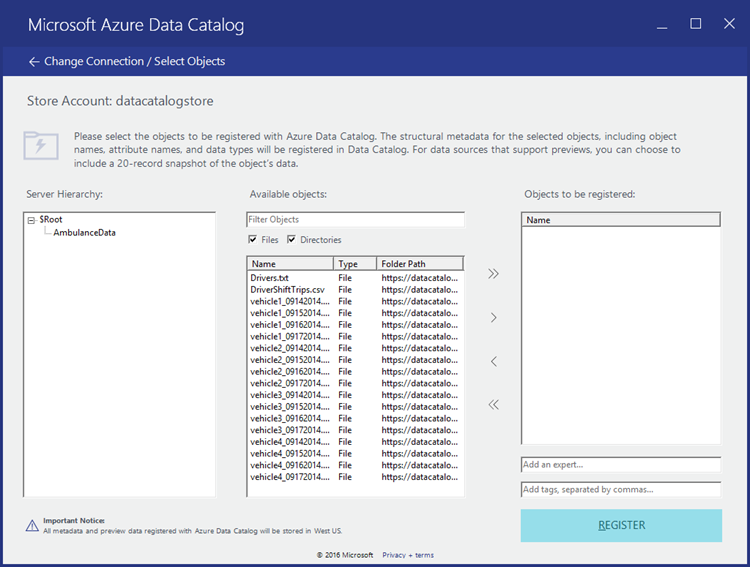 View data structure Screenshot of the Microsoft Azure Data Catalog - Store Account dialog box.