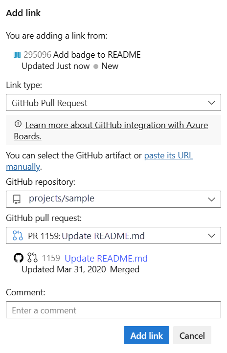 Screenshot shows Add link action in user story, showing repository selection and empty boxes for input of pull request ID and optional comment.