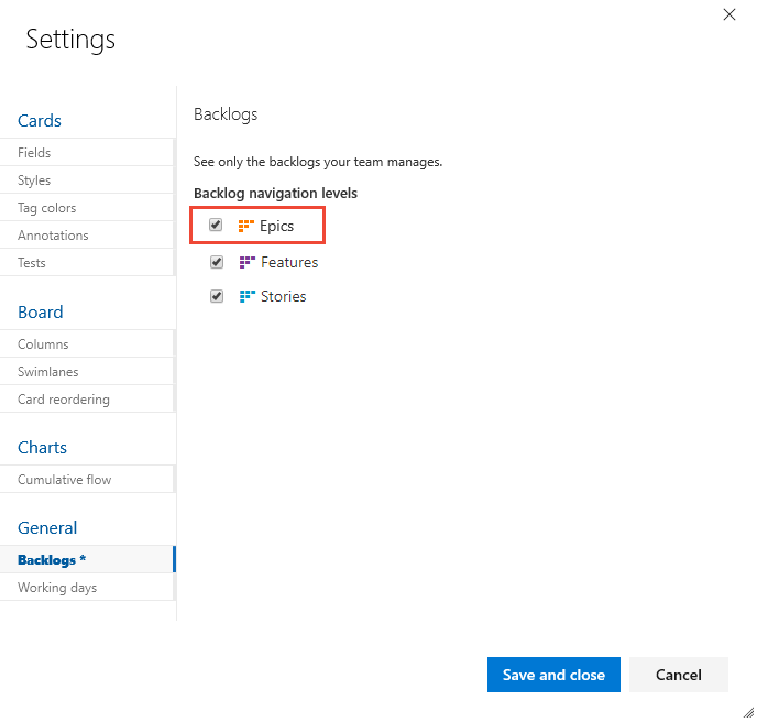 Settings,Backlogs dialog, Turn Epics on