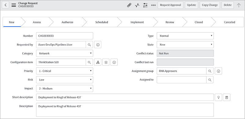 A screenshot showing a new change request in ServiceNow.