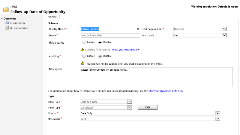 Dato for opfølgning på en salgsmulighed i Dynamics CRM