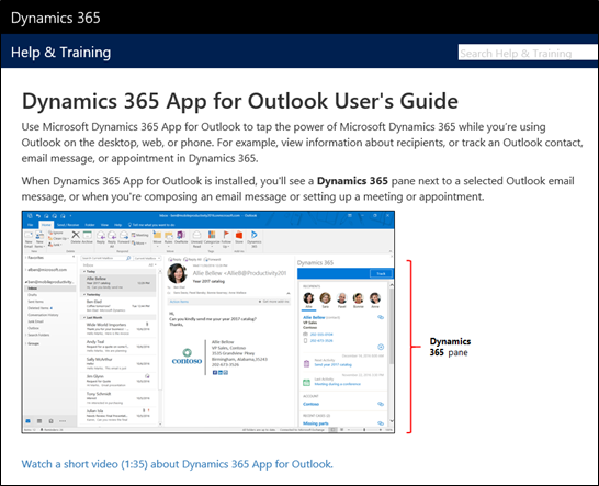 Side med brugervejledning til Dynamics 365 App for Outlook