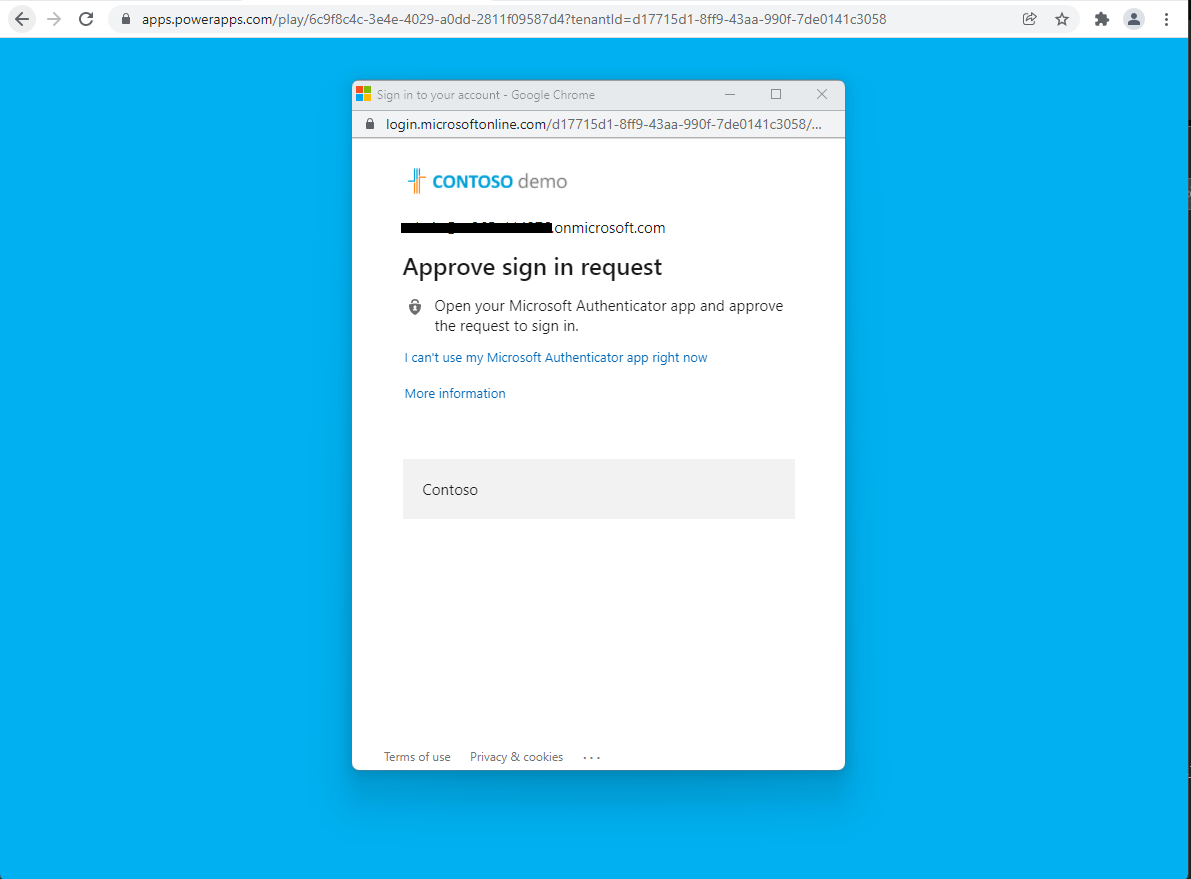 Experience when Power Apps individual app requires multi-factor authentication.