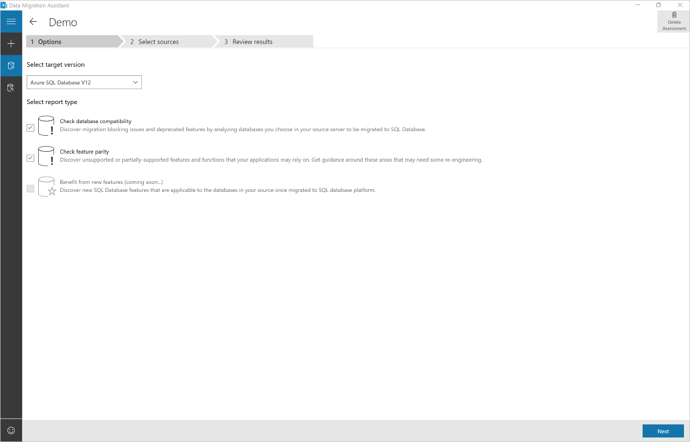 Screenshot of Select assessment report type for SQL Database target.