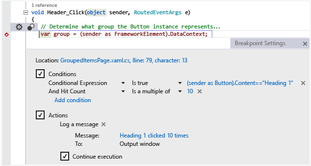 DBG_Breakpoints_PeekWindow Breakpoint settings Peek window