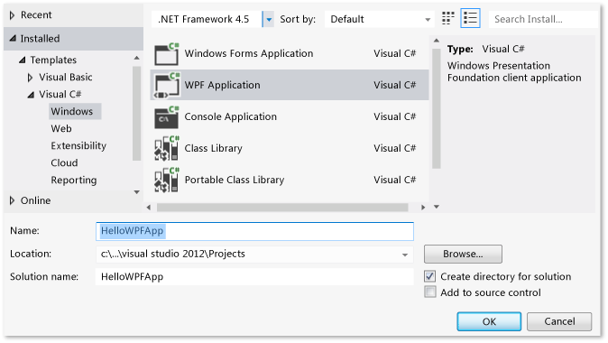 ExploreIDE-NewProjectcsharp Create a Visual C# WPF Project, HelloWPFApp