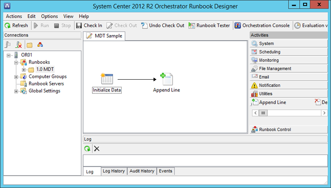 Screenshot of the system center orchestration runbook designer with activities added and connected.