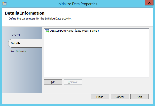 Screenshot of the initialize data properties dialog window.