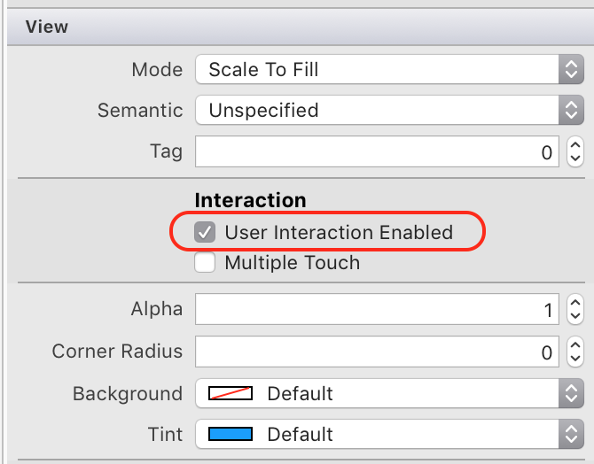 Check the User Interaction Enabled checkbox in the Property Pad of the iOS Designer