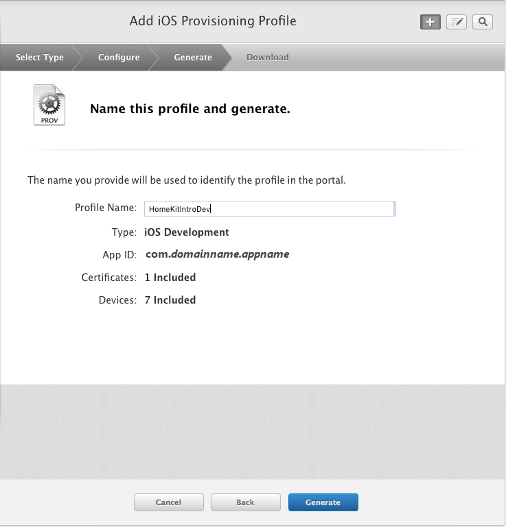 Create a new development provisioning profile for the app
