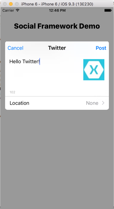 This screenshot shows an example of the SLComposeViewController