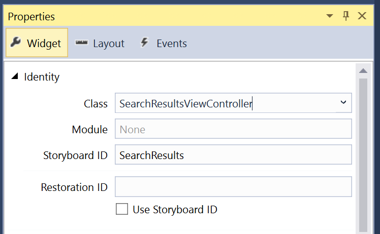 The Widget tab where you can specify Class and Storyboard I D.