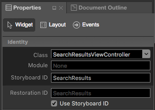 The Widget tab in Visual Studio for Mac where you can specify Class and Storyboard I D.