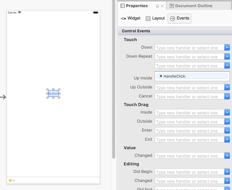 The Properties Pad, with an event handler set for a button The Properties Pad, with an event handler set for a button