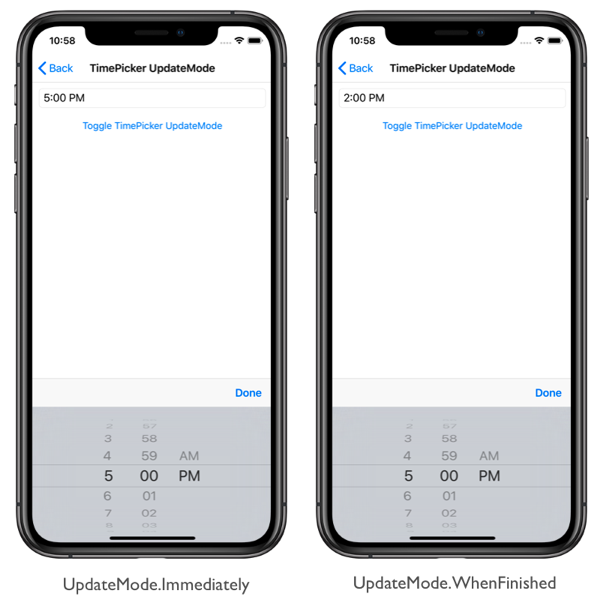 TimePicker UpdateMode Platform-Specific Screenshot of TimePicker update modes