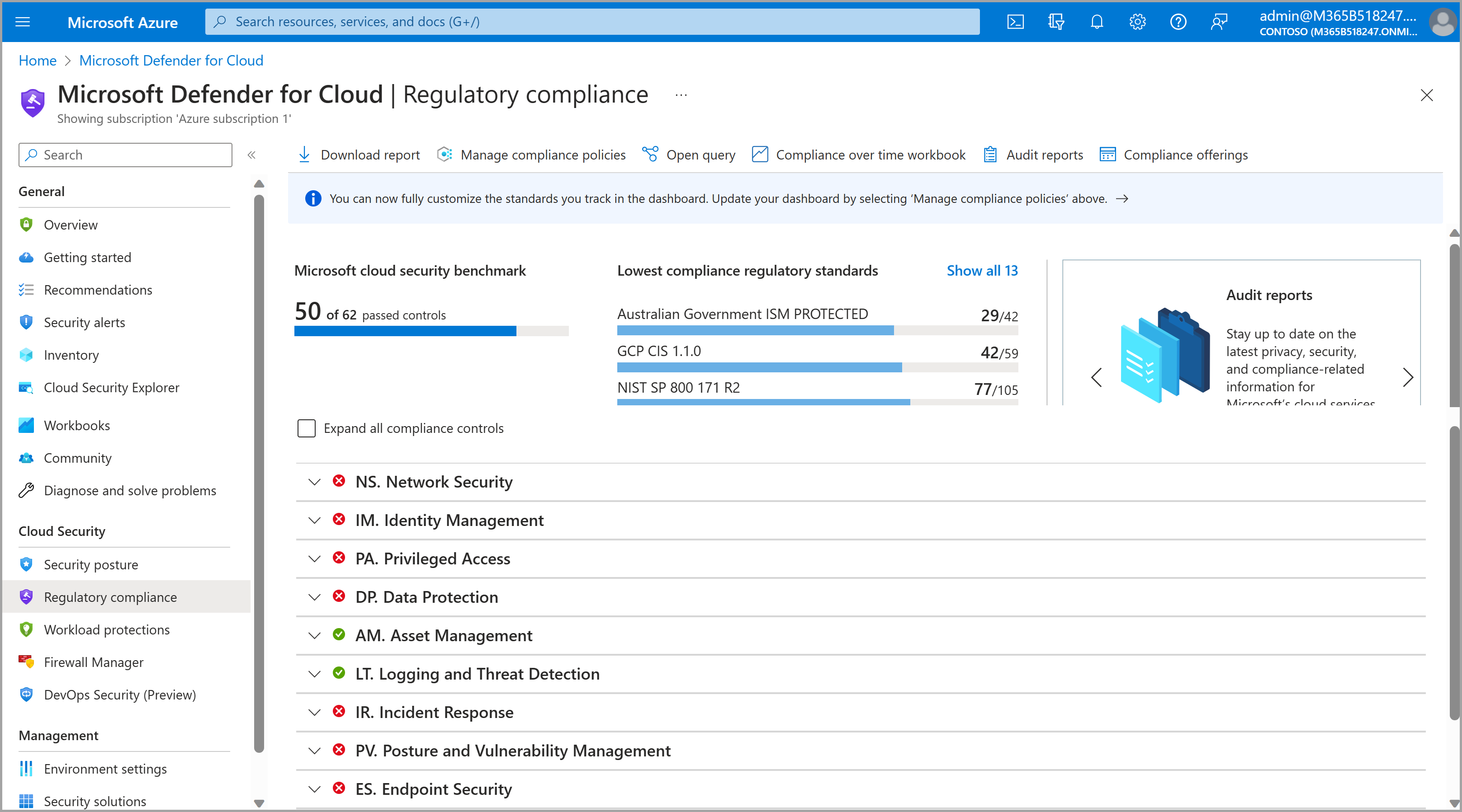 Defender for Cloud dashboard Screenshot of the Defender for Cloud regulatory compliance dashboard showing compliance status and standards.