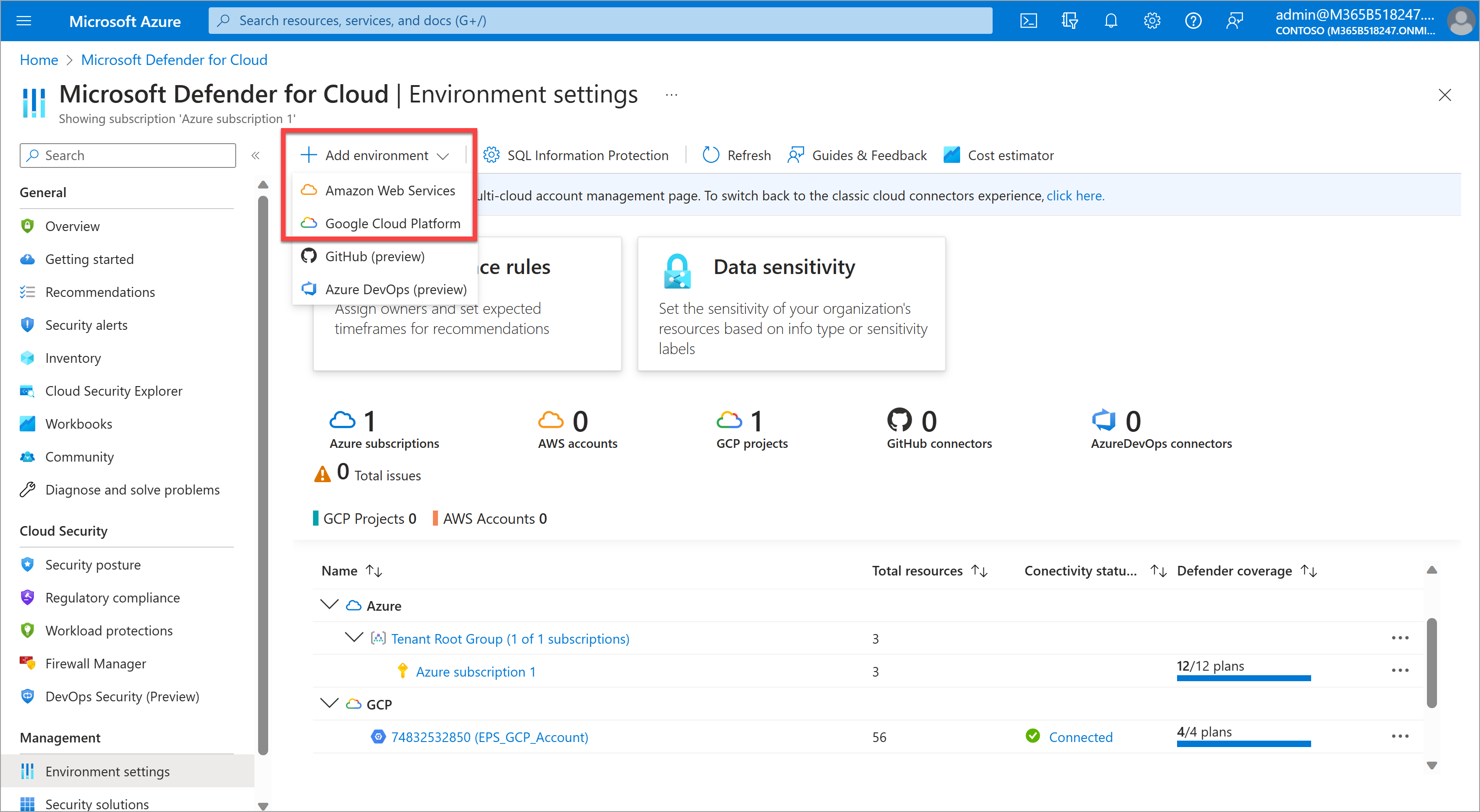 Defender for Cloud environment settings page Screenshot of the Defender for Cloud environment settings page with the Add environment option for connecting AWS or GCP accounts.