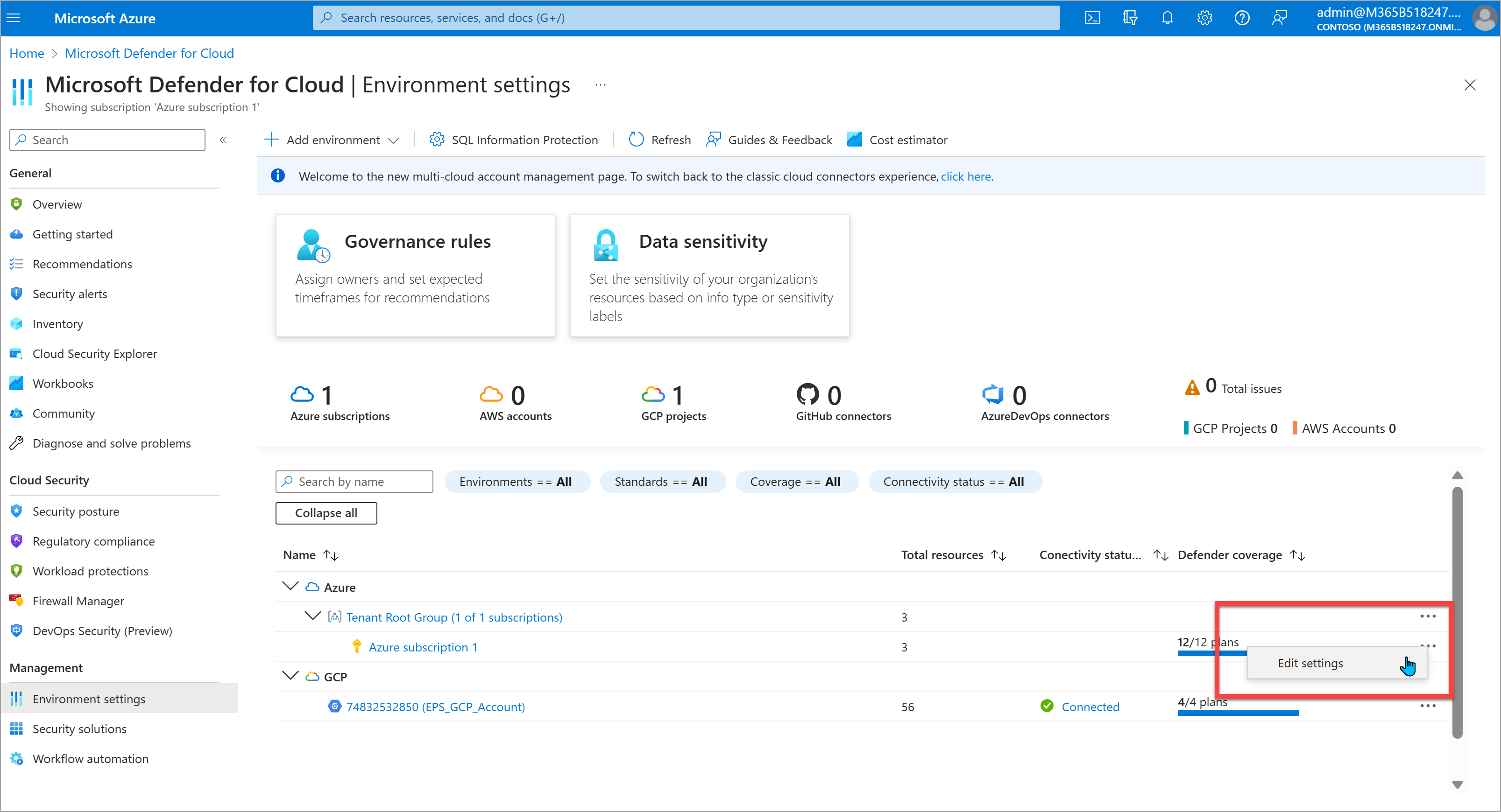 Defender for Cloud edit subscription settings Screenshot of the Defender for Cloud environment settings page showing the Edit settings option for a subscription.