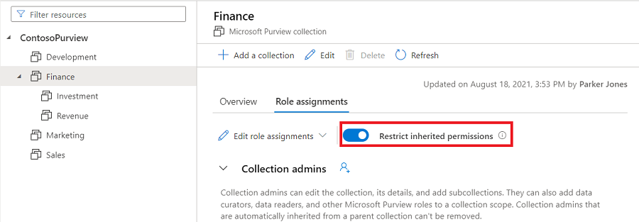 Screenshot of Microsoft Purview governance portal collection window, with the role assignments tab selected, and the unrestrict inherited permissions slide button highlighted.