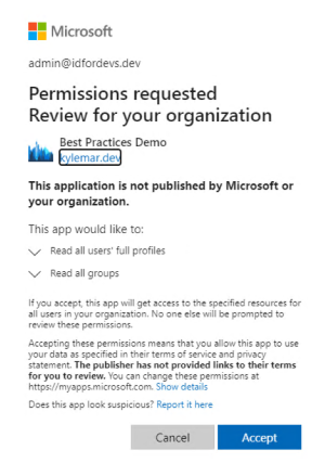 Permissions requested Review for your organization dialog that describes the permissions the app is requesting with Cancel and Accept buttons.