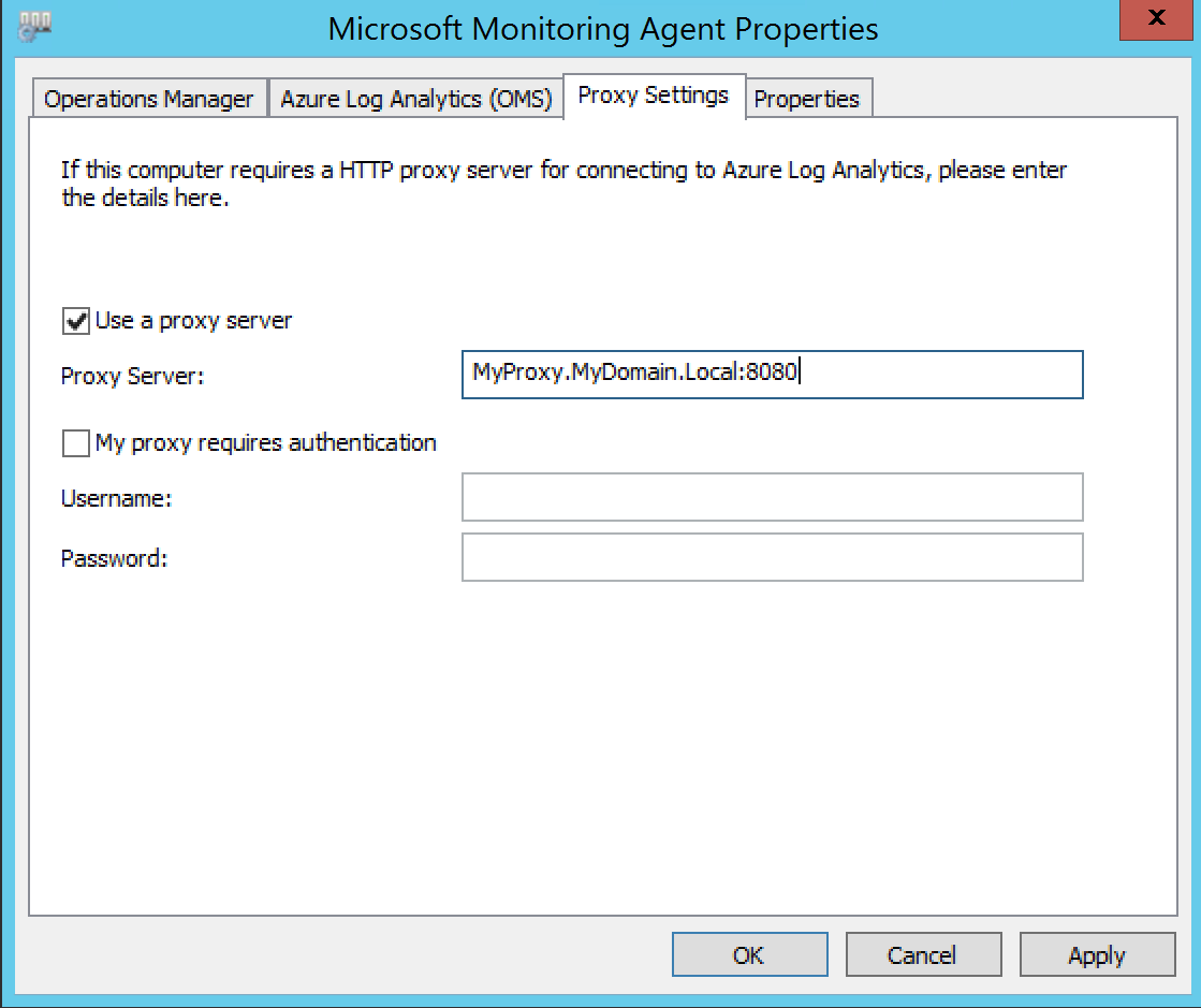 Microsoft-overvågningsagenten vinduet Egenskaber som viser, at indstillingen Brug en proxyserver er markeret.