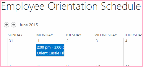 A calendar named Employee Orientation Schedule with an item on June 1st that says "Orient Cassie Hicks"