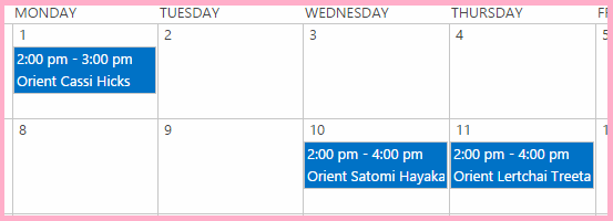 Employee Orientation calendar with new events added for the orientation of two employees on the 10th and 11th of the month