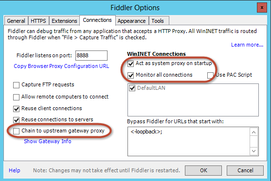 Figure 6. Fiddler connection options