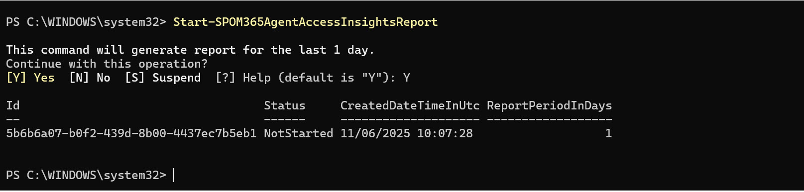 Start Agent Access report Screenshot of running Start-SPOM365AgentAccessInsightsReport command in SharePoint Online Management Shell.