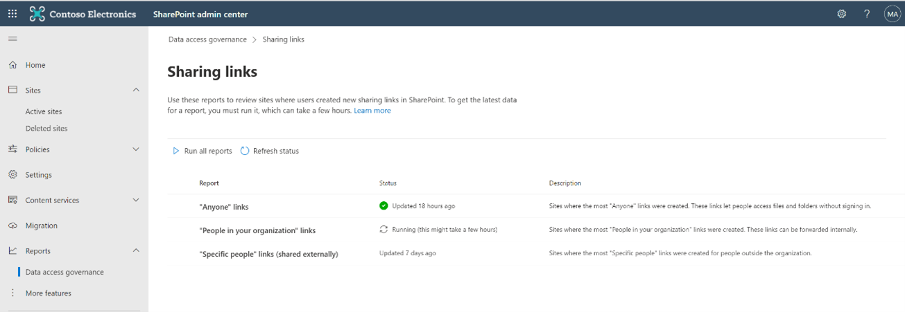 Screenshot that shows the Sharing links page.
