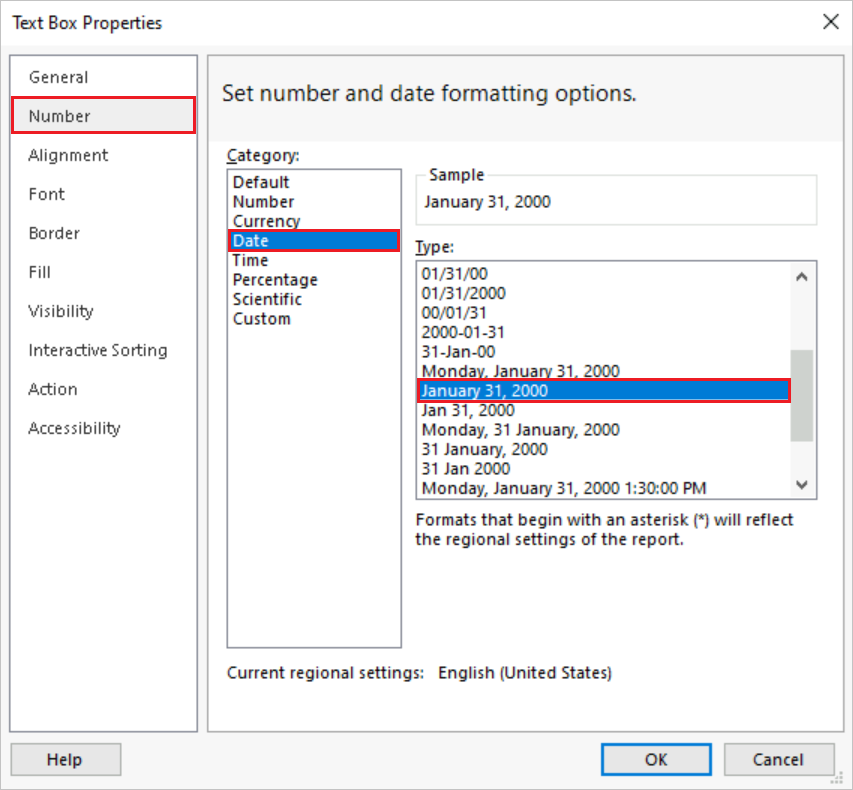 Screenshot that shows how to change the format for the selected table cell to a custom format by using the Text Box Properties.