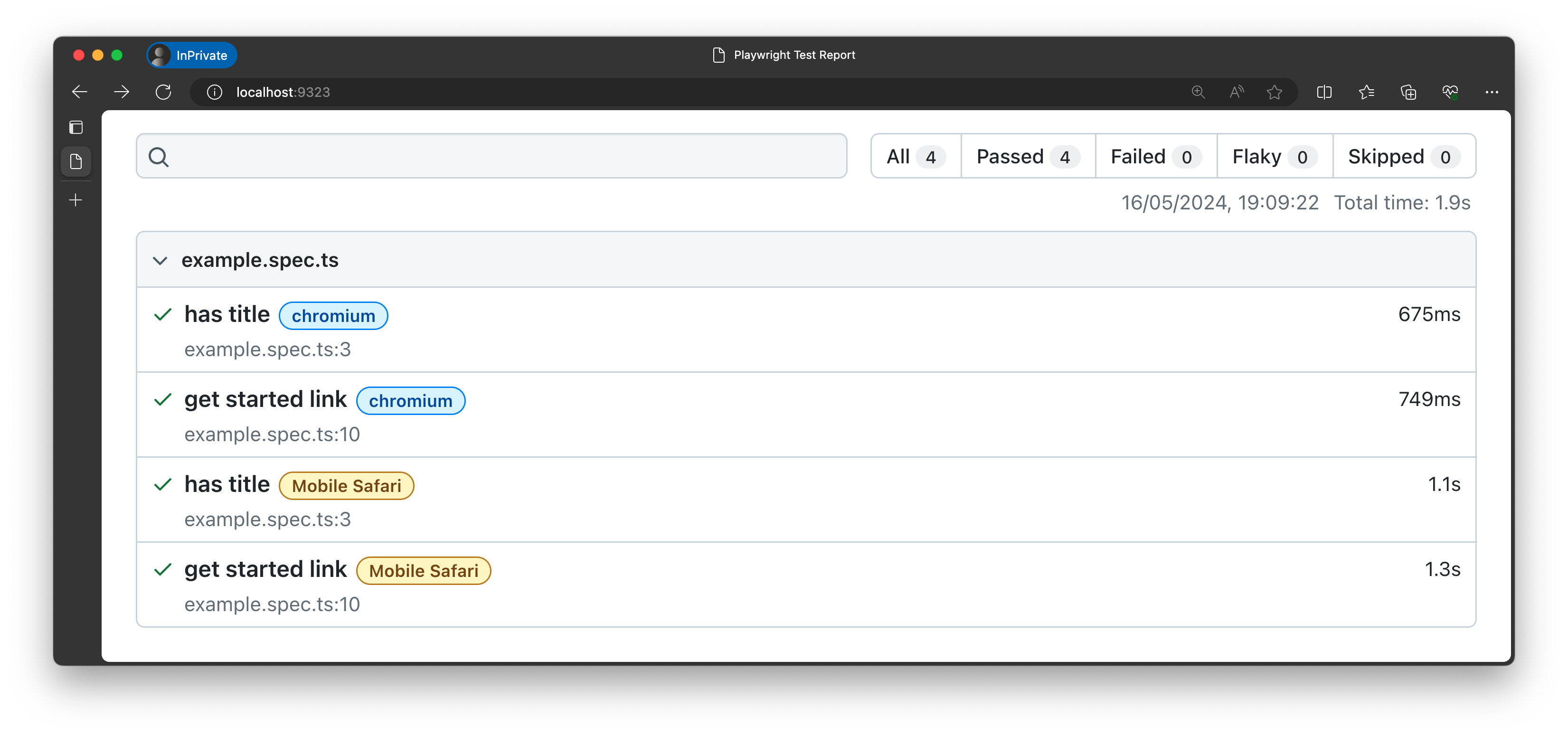 Et skærmbillede af en emuleret test.
