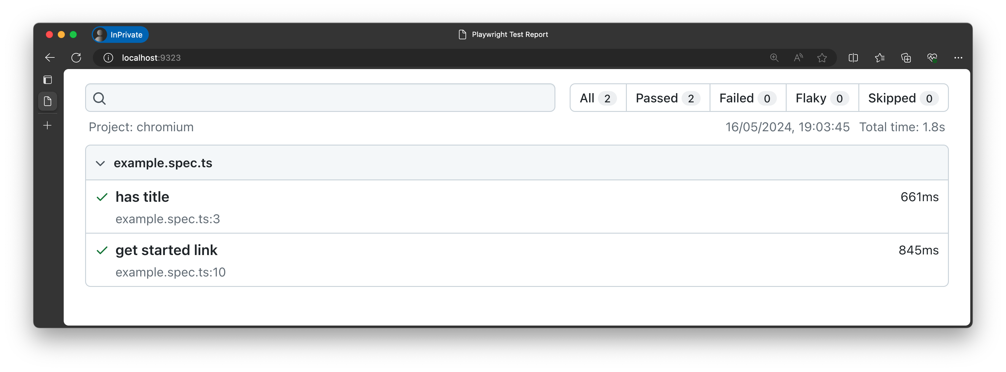 Et skærmbillede af en HTML-rapport, der viser to testfiler fra Playwright.
