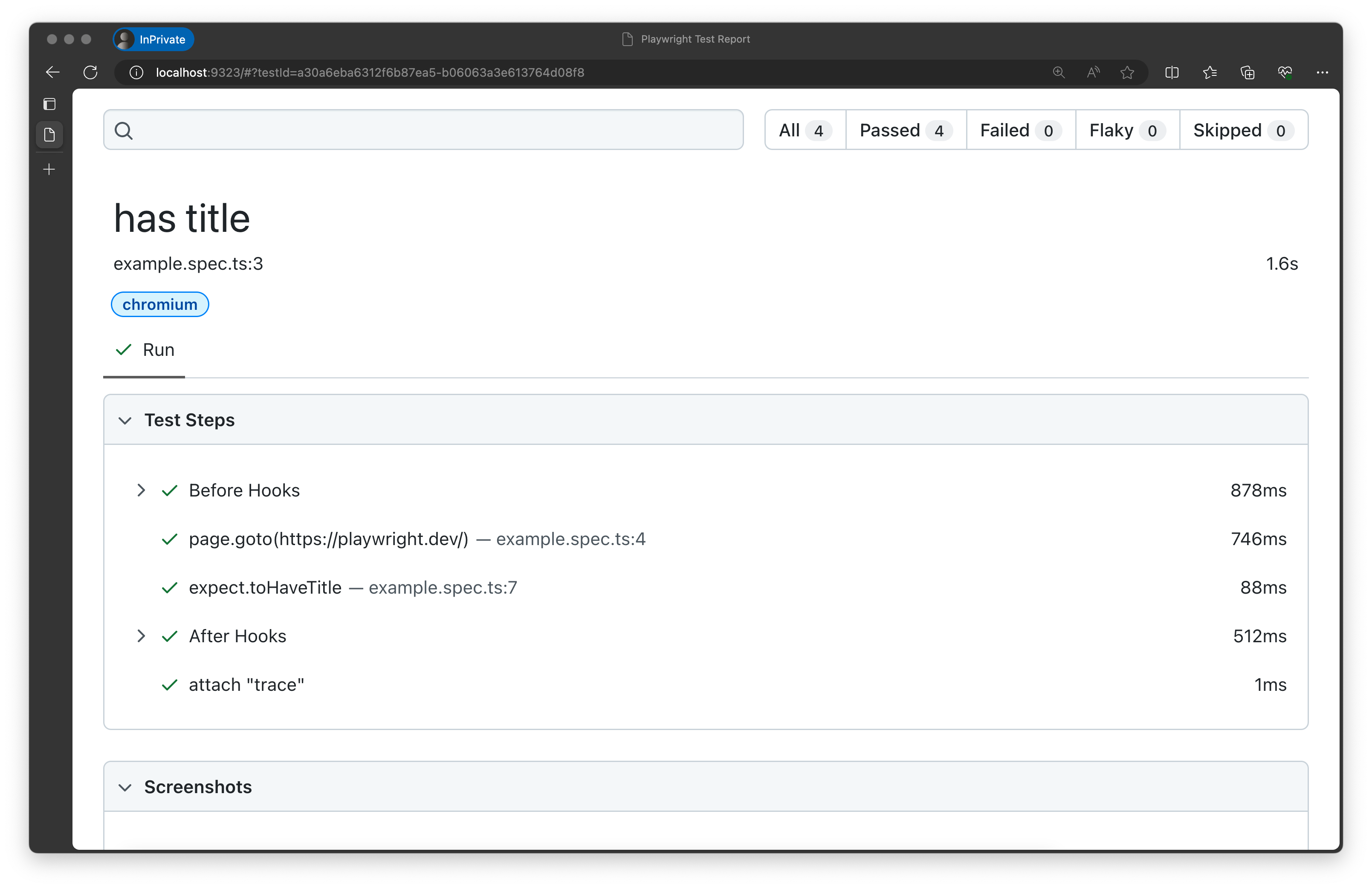 Et skærmbillede, der viser den detaljerede visning af en HTML-rapport.