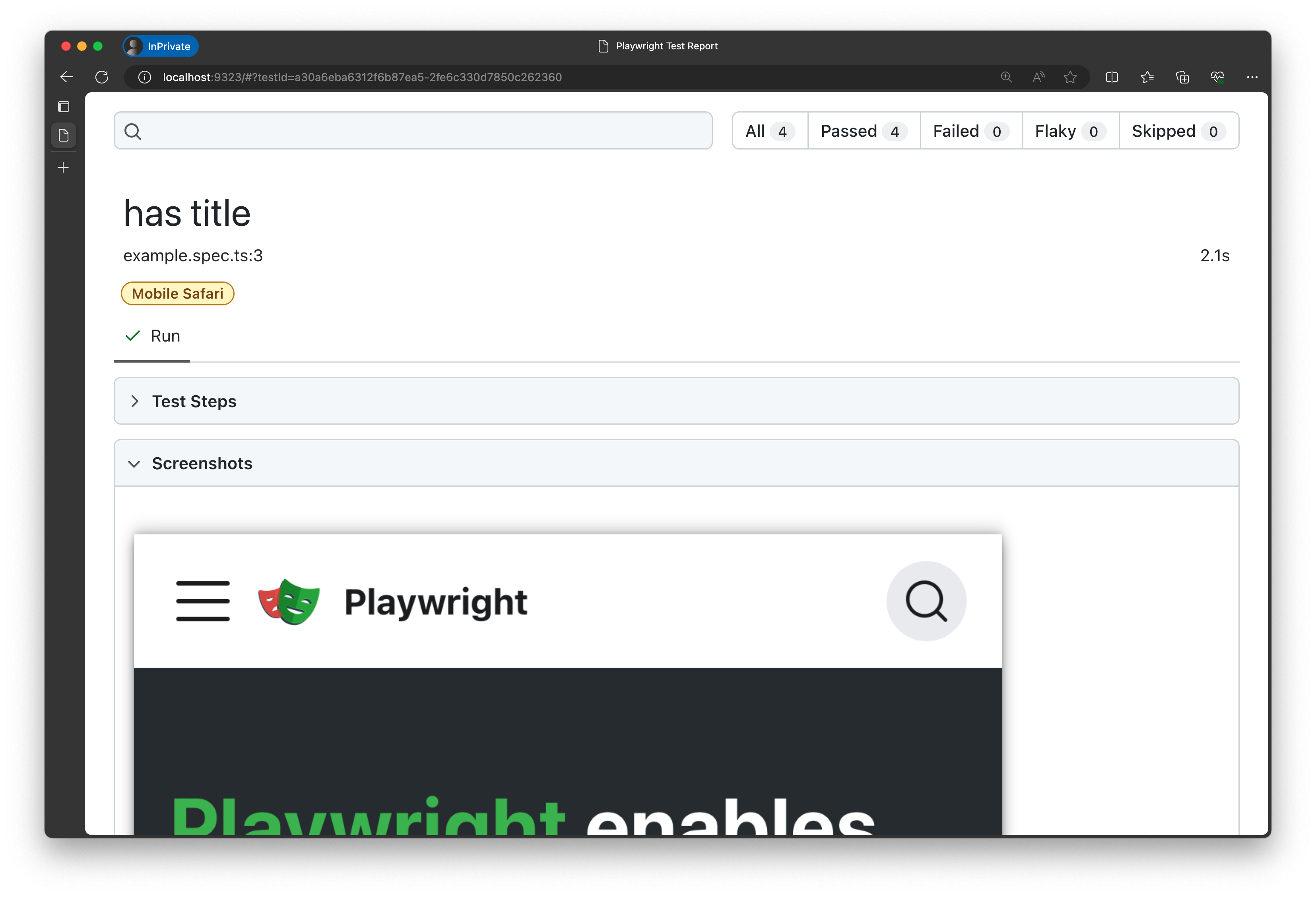Et skærmbillede af en rapport, der viser skærmbillede af mobilsafari.