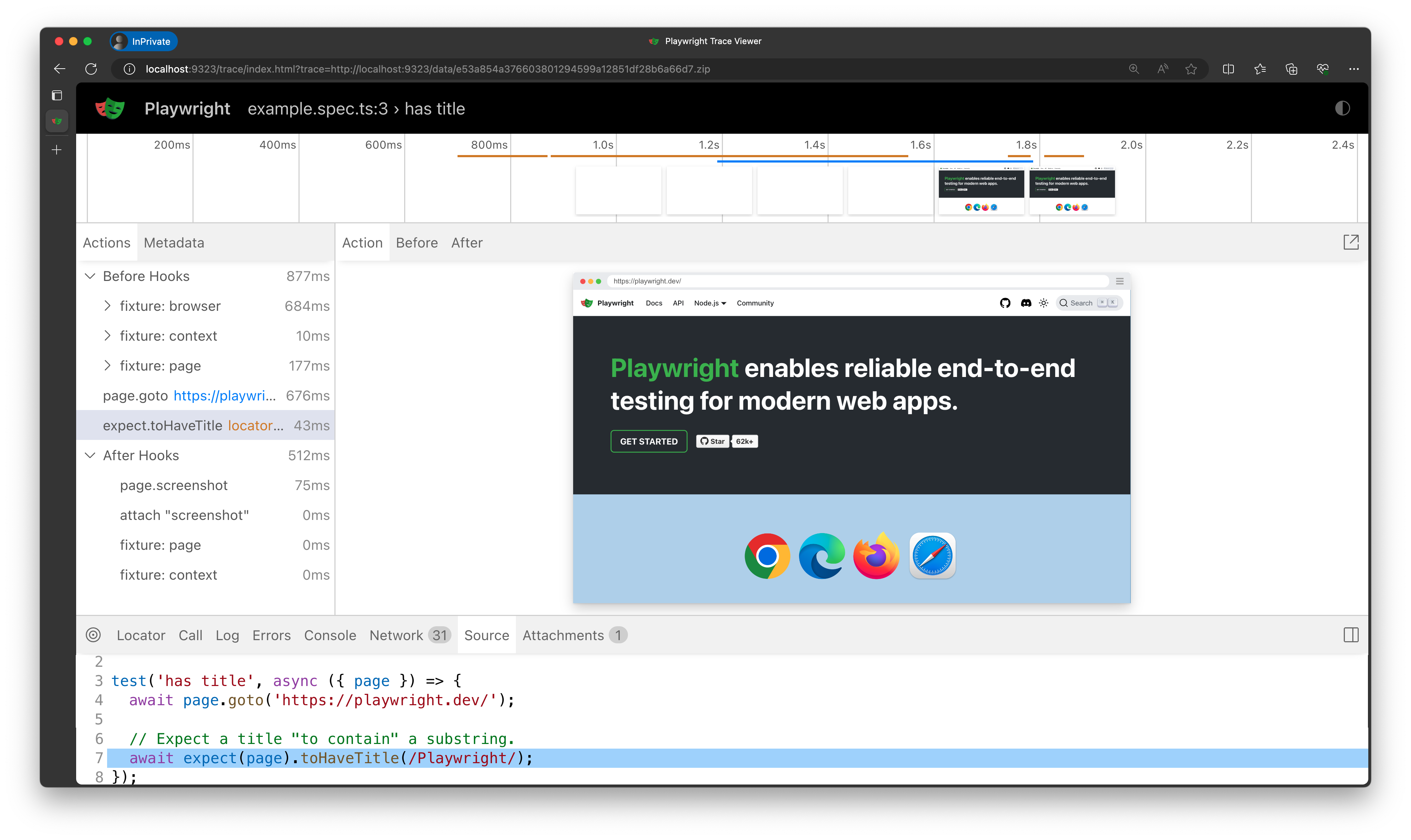 Et skærmbillede af sporingen af vores test.