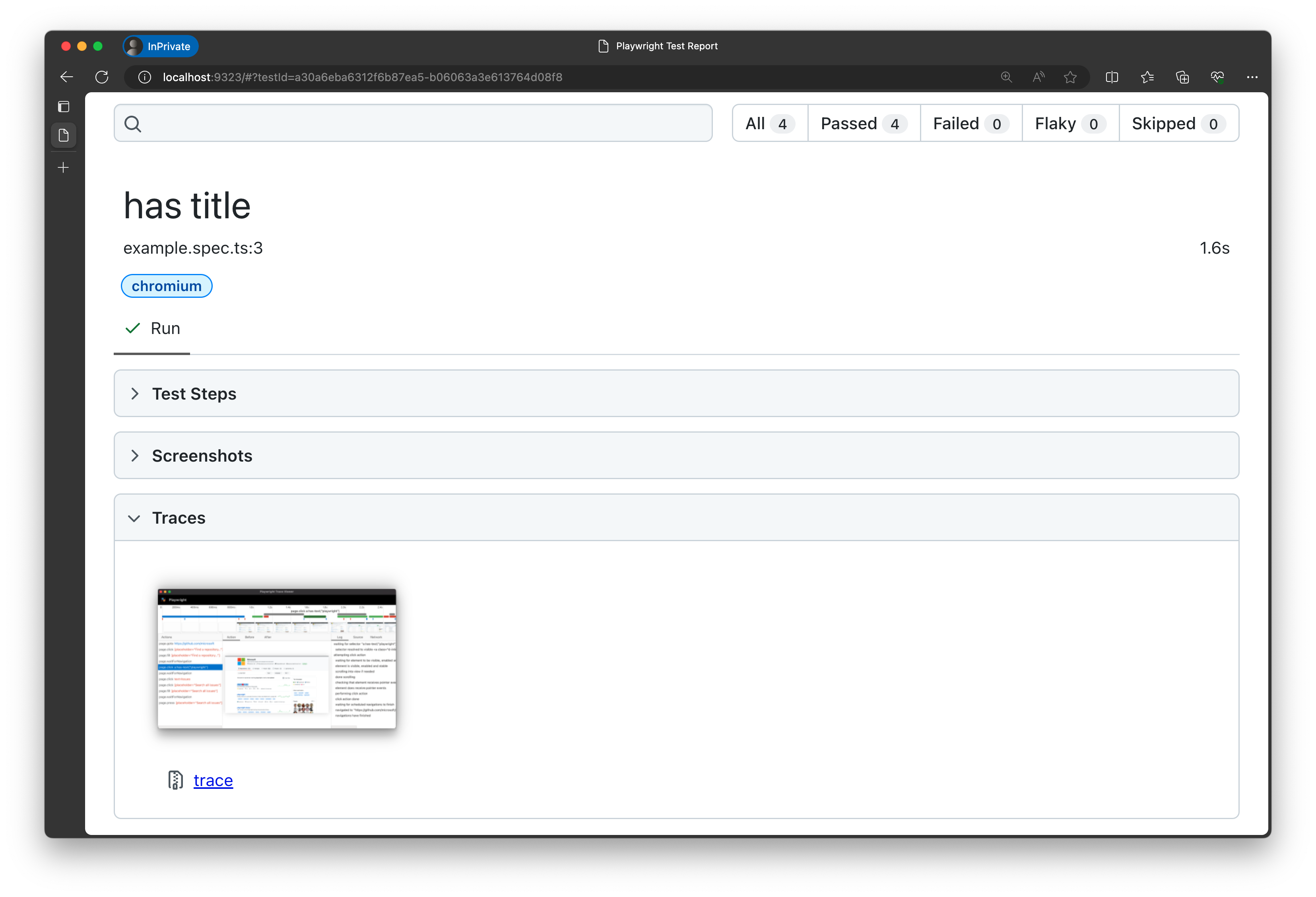 Et skærmbillede, der viser linket til sporingen af vores test fra rapporten.